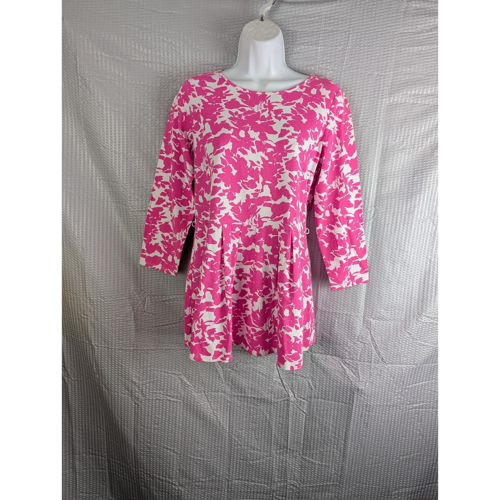 DG2 by Diane Gilman Pink White Floral Peplum Tunic Top 3/4 Sleeve Womens Small